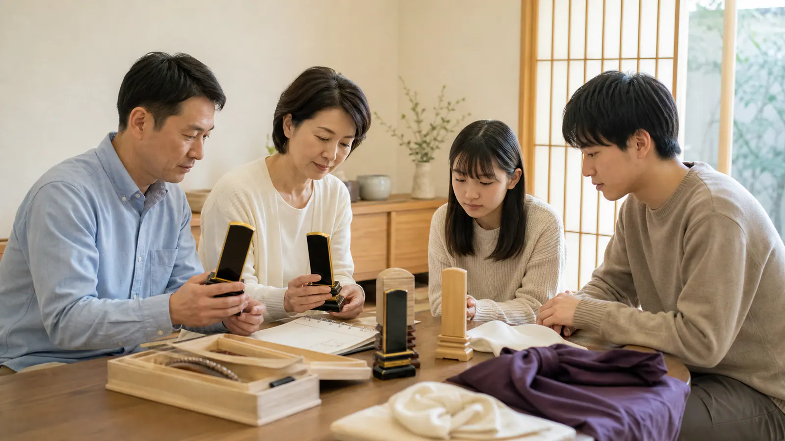 複数の位牌と過去帳を確認する家族
