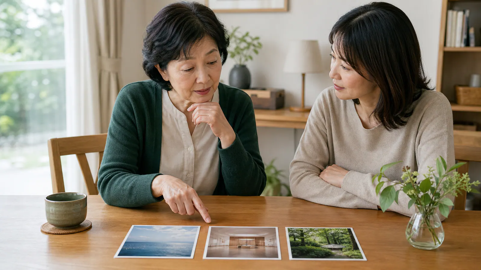 海、永代供養施設、樹木葬の写真を並べて話し合う母娘