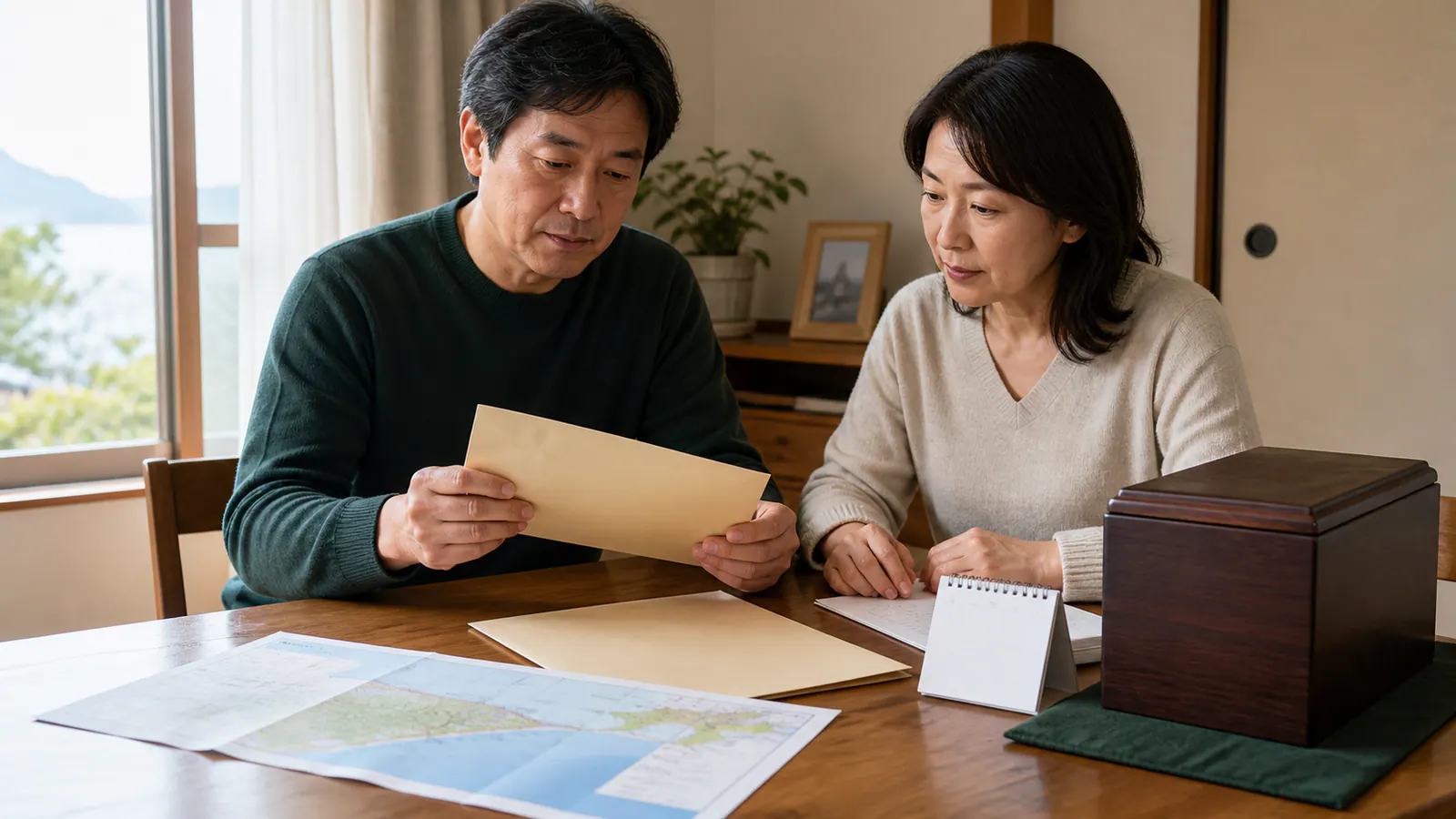 墓地管理の封筒、書類、日程表、沿岸地図を前に墓じまい後の散骨を相談する兄妹