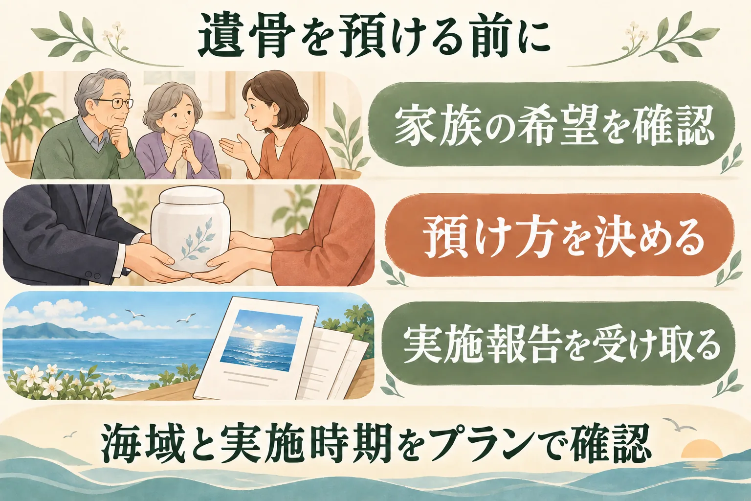 遺骨を預ける前に。家族の希望を確認、預け方を決める、実施報告を受け取る