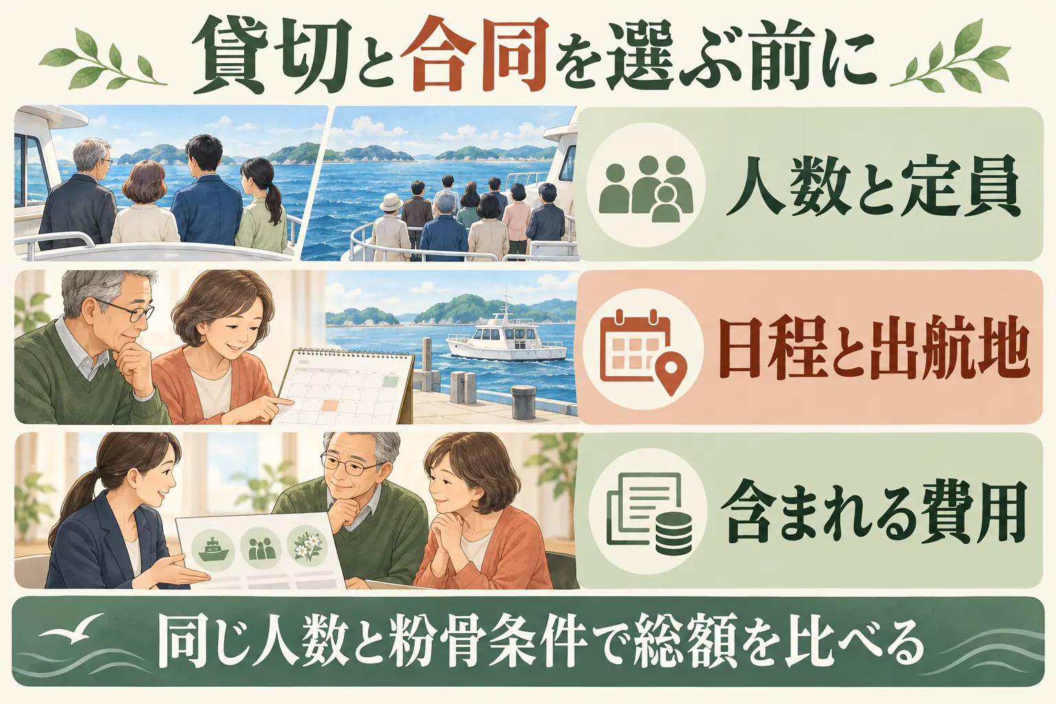 貸切と合同を選ぶ前に。人数と定員、日程と出航地、含まれる費用