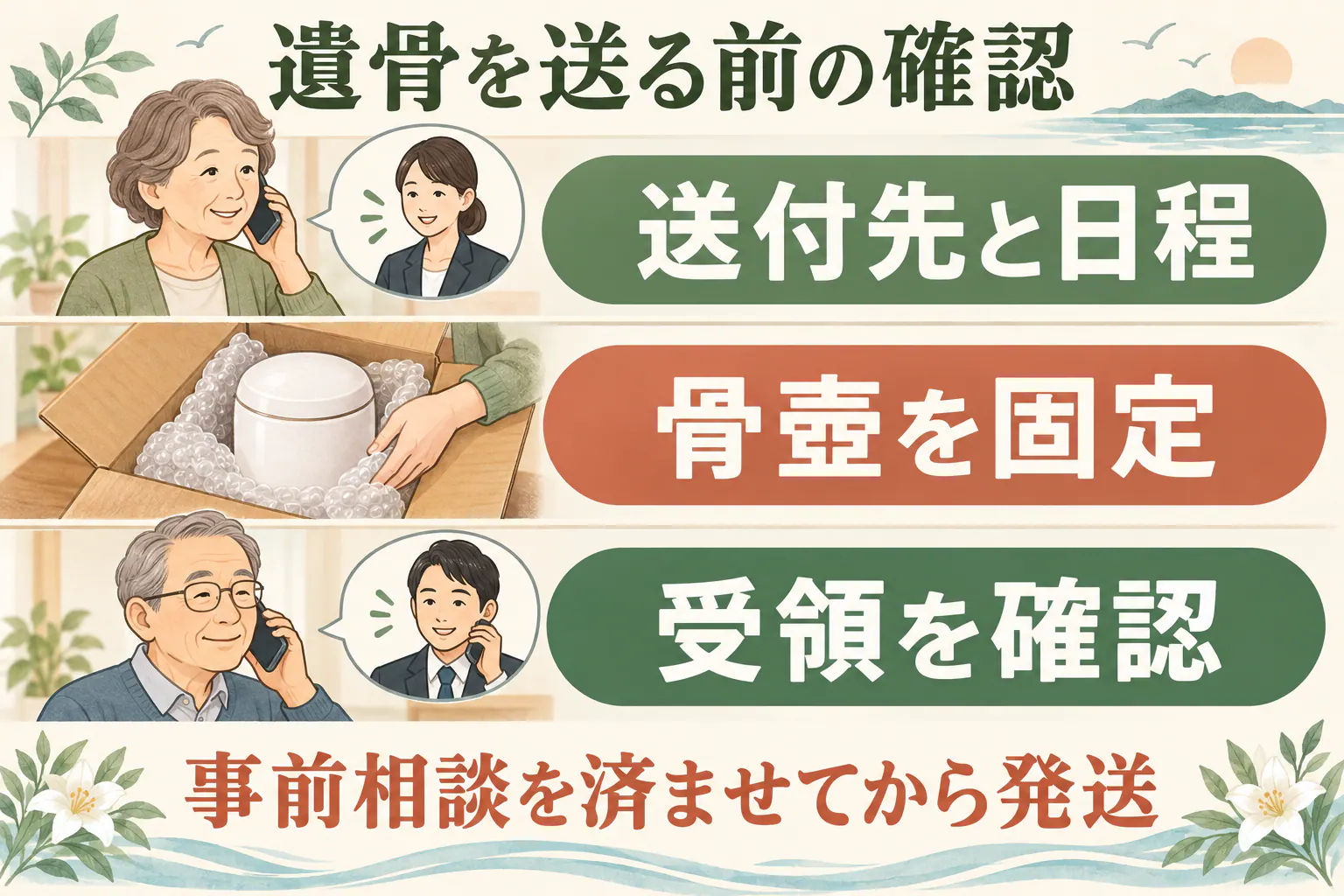 遺骨を送る前の確認。送付先と日程、骨壺を固定、受領を確認