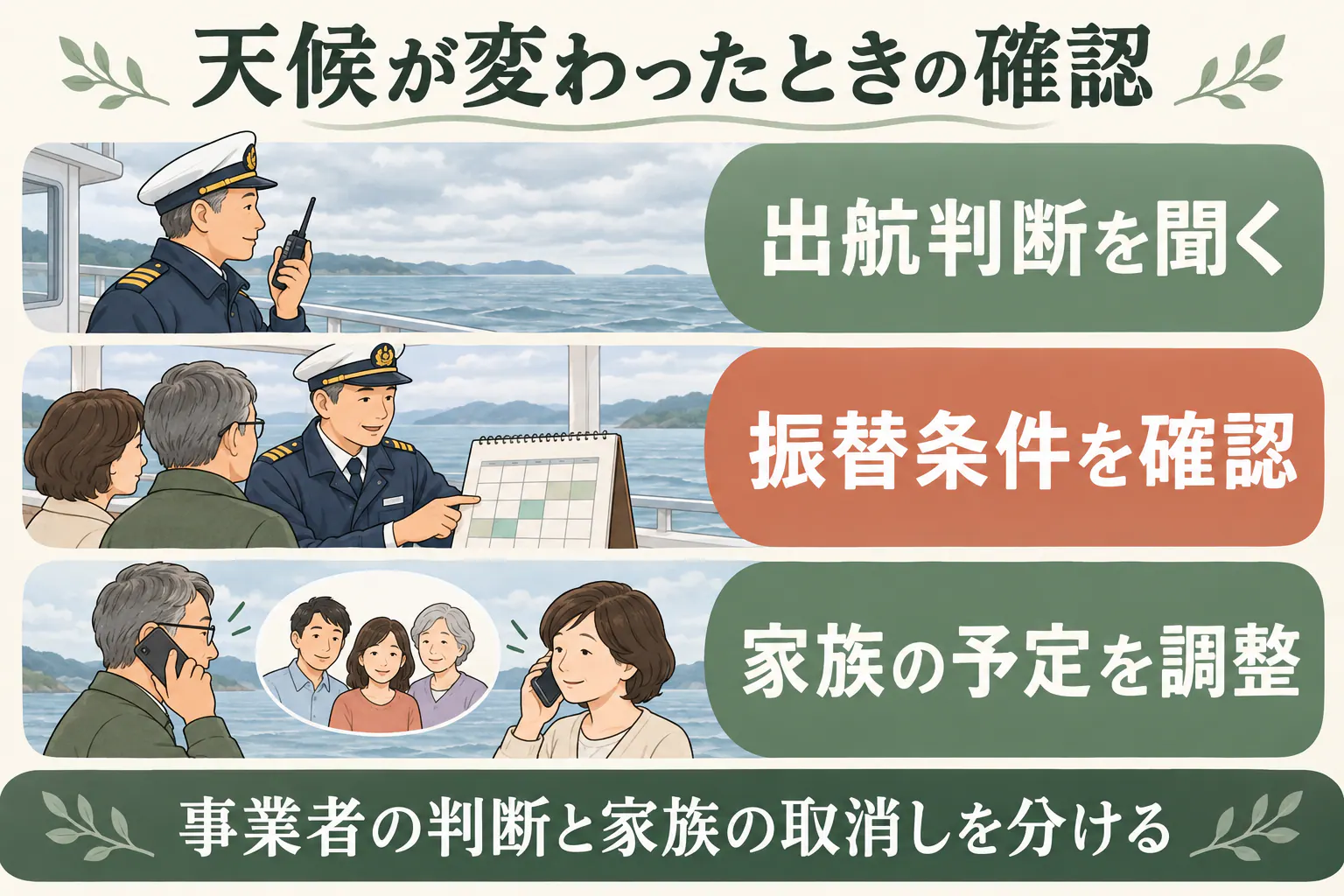 天候が変わったときの確認。出航判断を聞く、振替条件を確認、家族の予定を調整