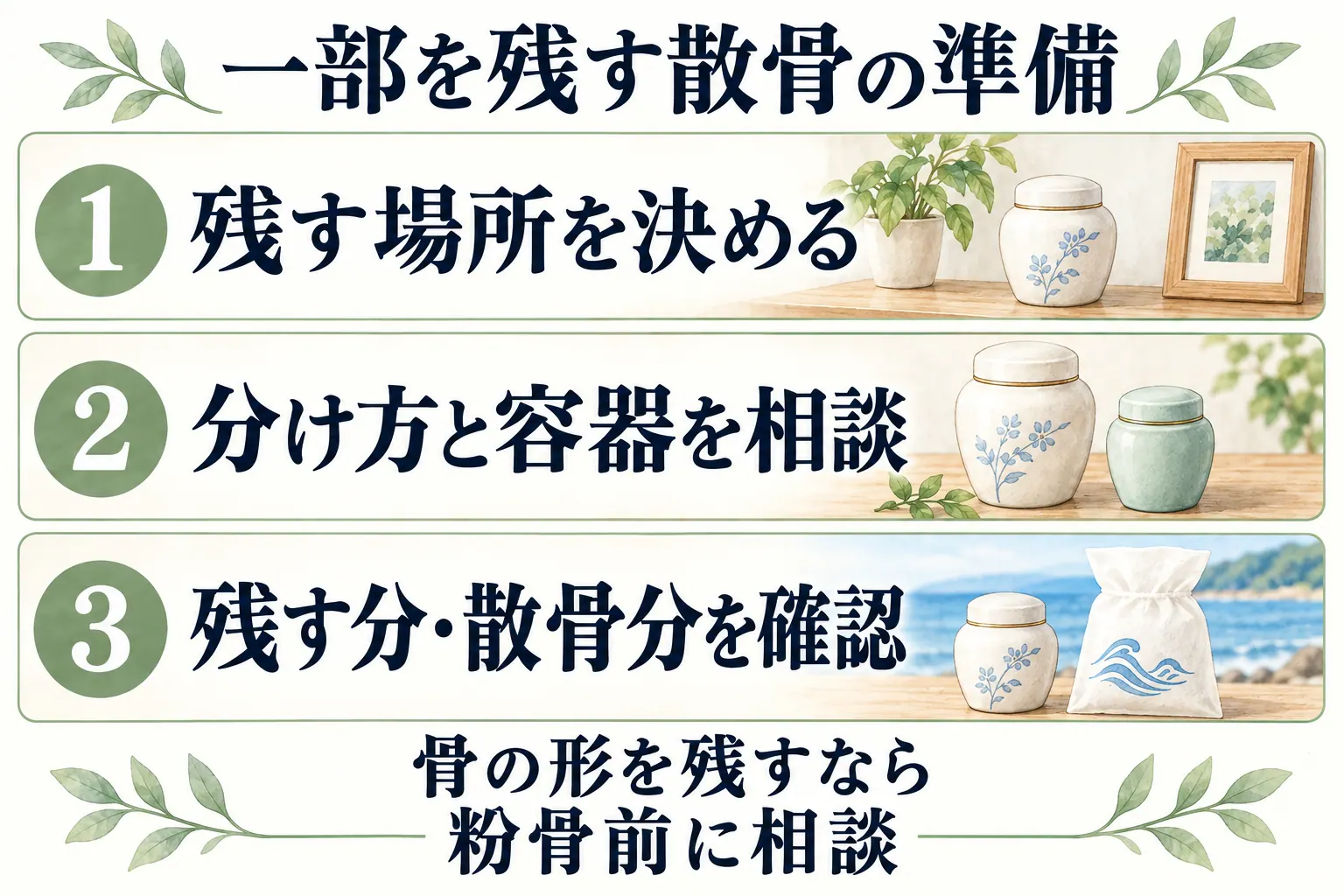 残す場所を決め、分け方と容器を相談し、残す分と散骨分を確認する。骨の形を残すなら粉骨前に相談