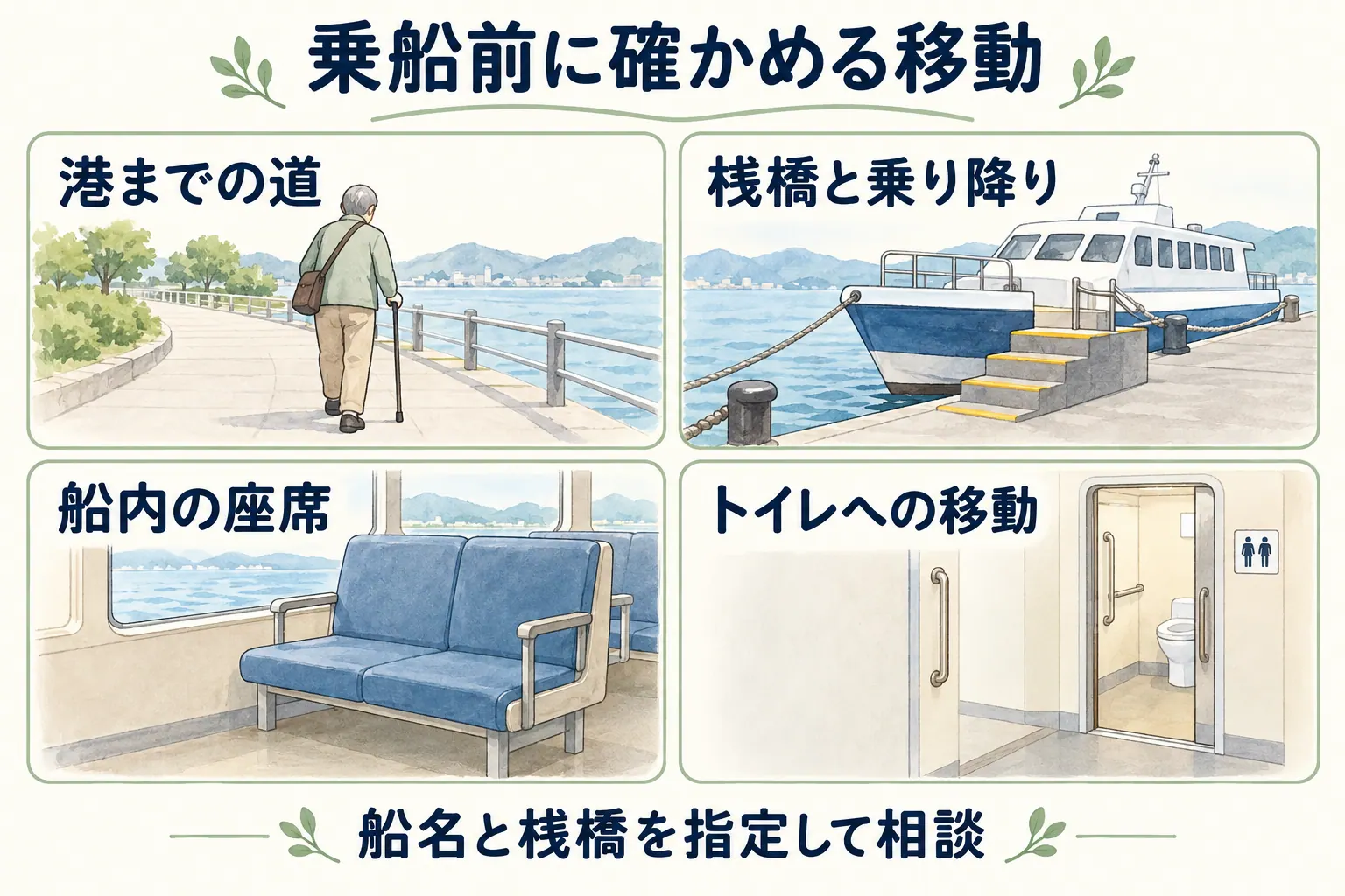 港までの道、桟橋と乗り降り、船内の座席、トイレへの移動を確認する四場面。船名と桟橋を指定して相談