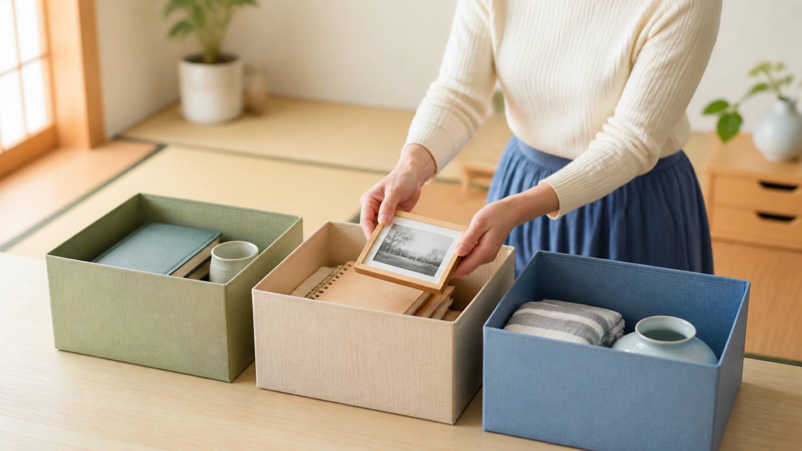 実家の品を残す、確認する、手放すの箱に分けて整理する家族