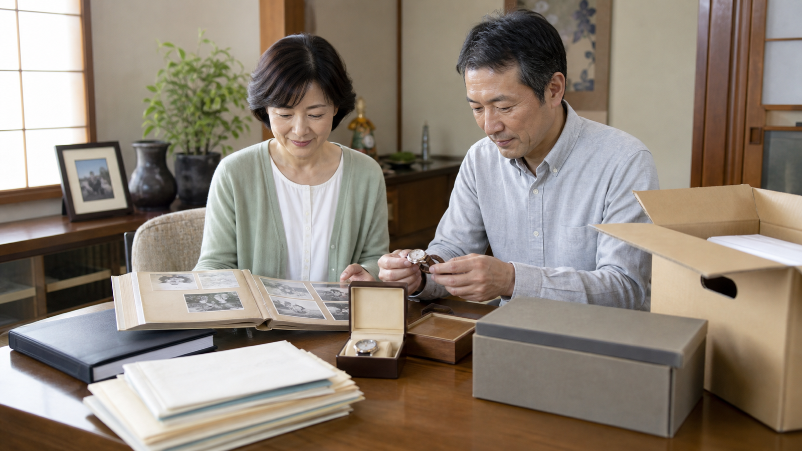 思い出の品と重要書類を家族で丁寧に確認する場面