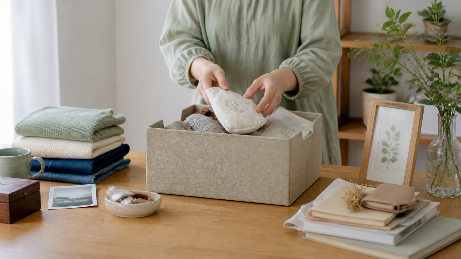 遺品を残す、家族に確認する、手放すの三つに分け、迷う物を保留箱へ入れる手元