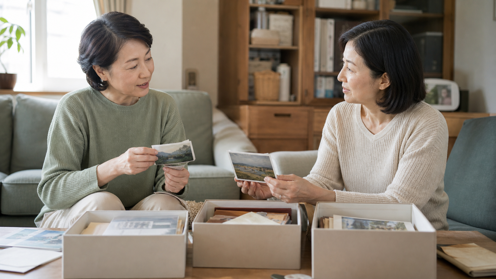 実家のリビングで残す箱と確認する箱を分ける姉妹