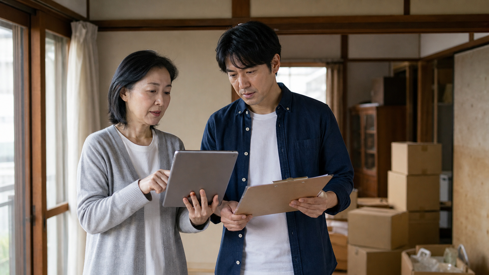 遠方の実家で室内写真と確認表を見ながら相談する家族