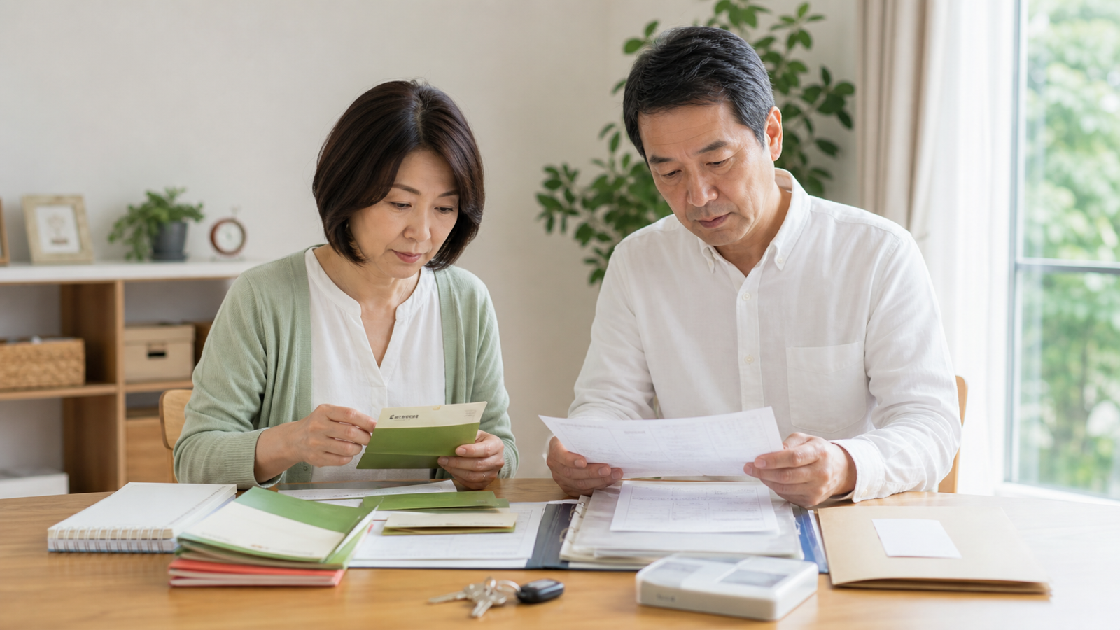 実家の机で通帳や保険、不動産書類を整理する家族