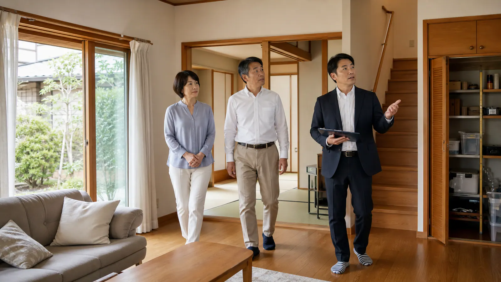 一軒家の各部屋と屋外を確認しながら遺品整理の範囲を話し合う家族