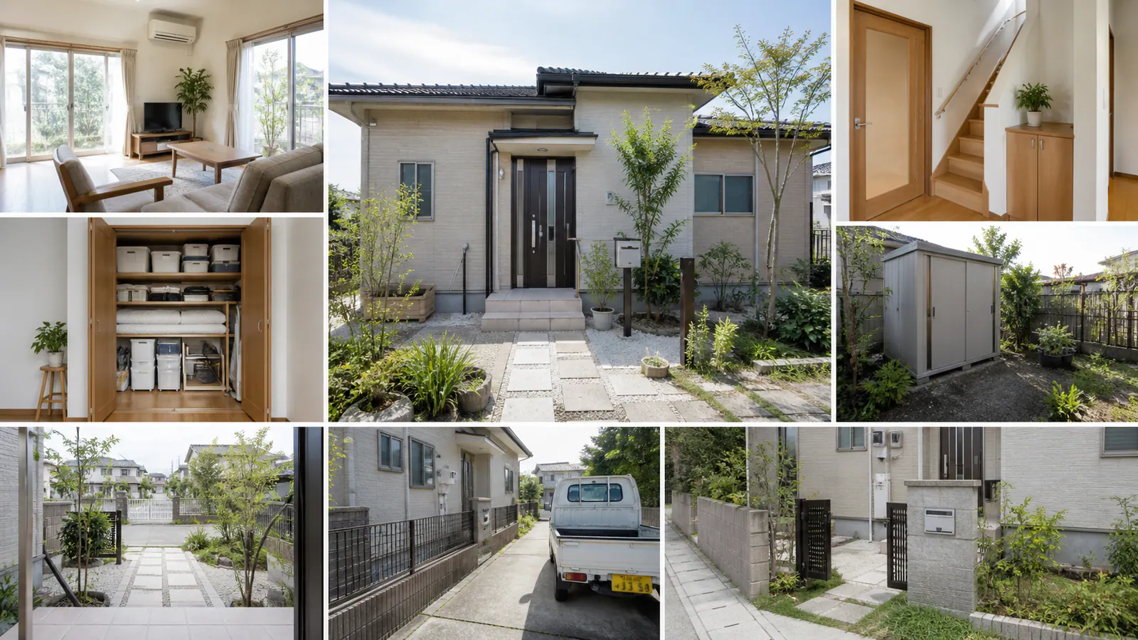 一軒家の部屋、階段、物置、庭、搬出経路を順に確認する様子