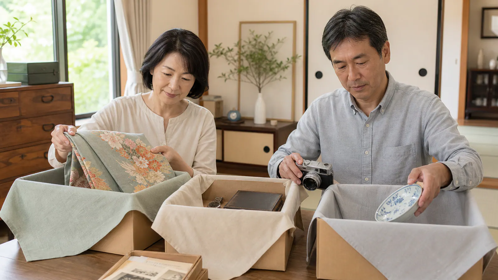 遺品を残す物、買取相談する物、処分方法を確認する物に分ける家族