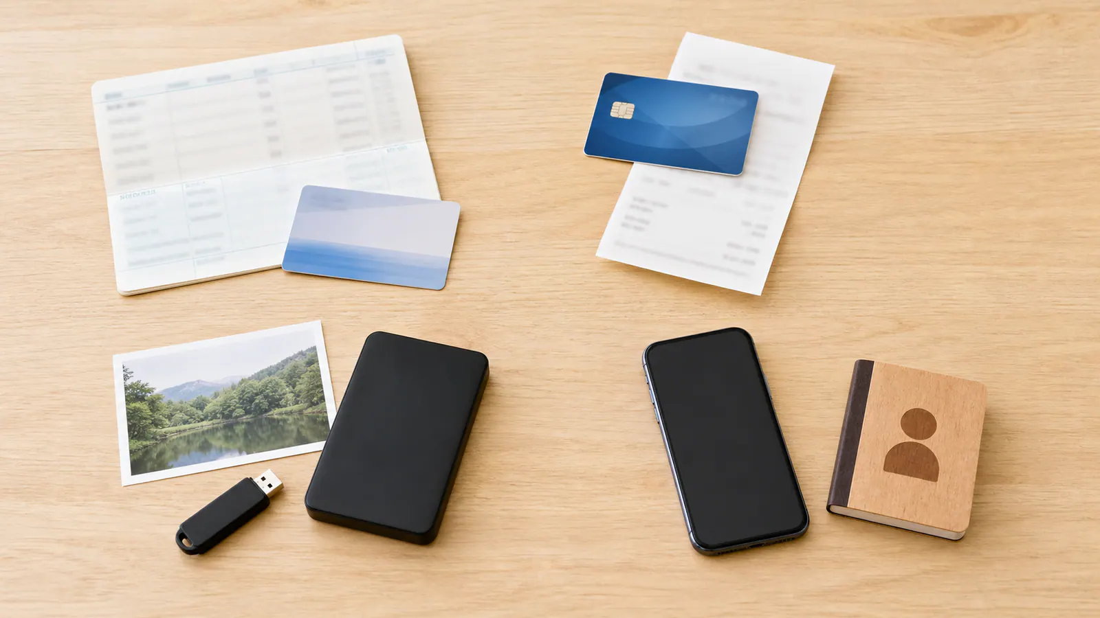 スマートフォン、利用明細、写真保存媒体、連絡メモを四つのまとまりに分けた机