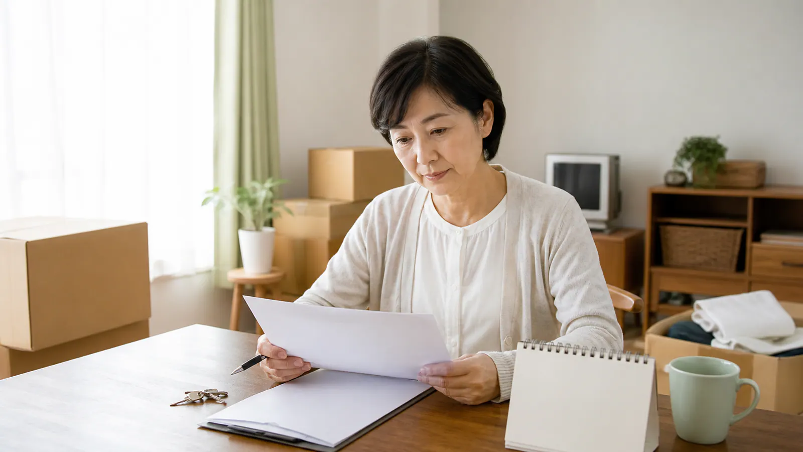 賃貸住宅の契約書と鍵を前に退去までの遺品整理を考える家族