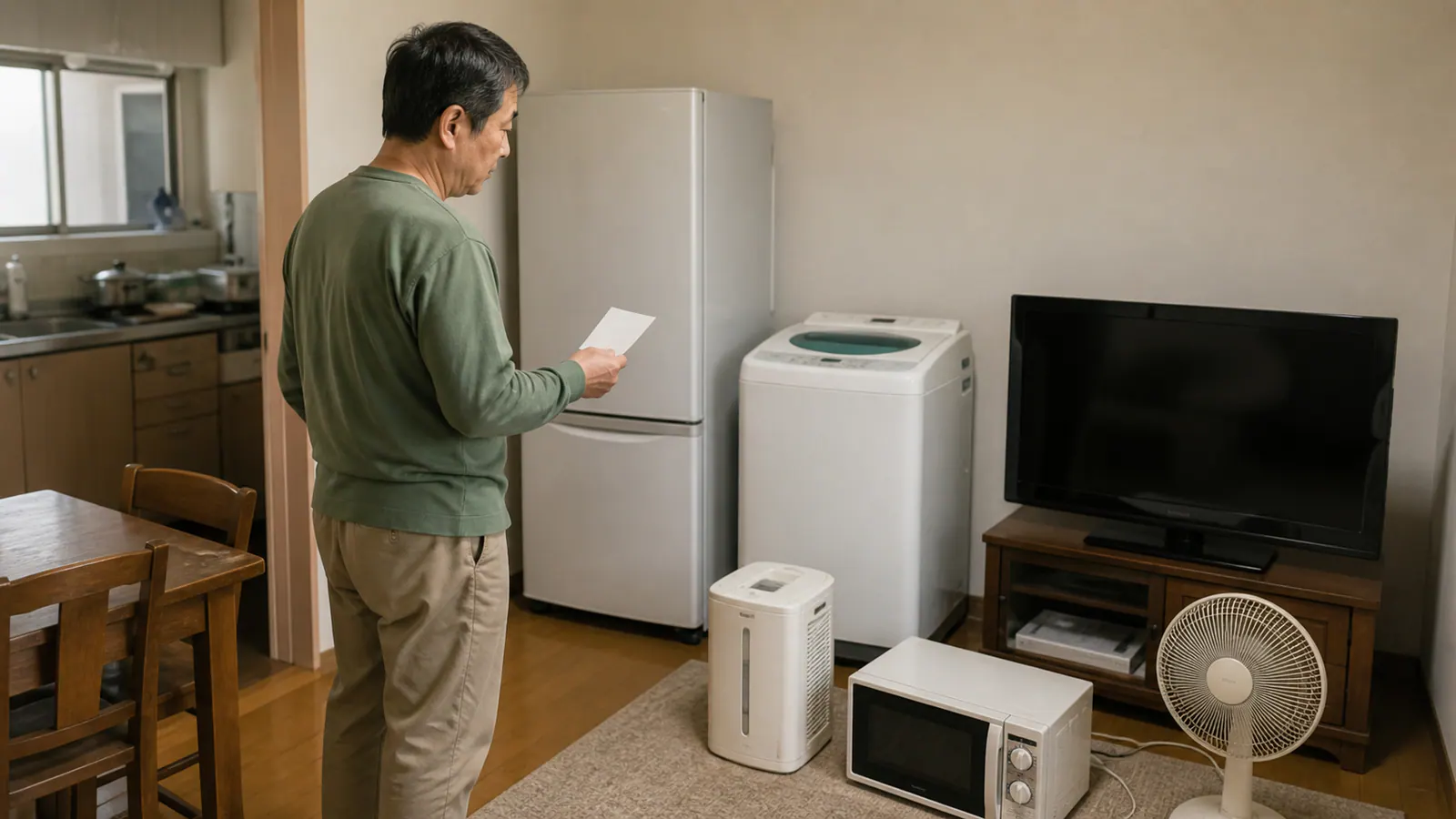 実家に残る冷蔵庫やテレビなどの家電を確認する家族