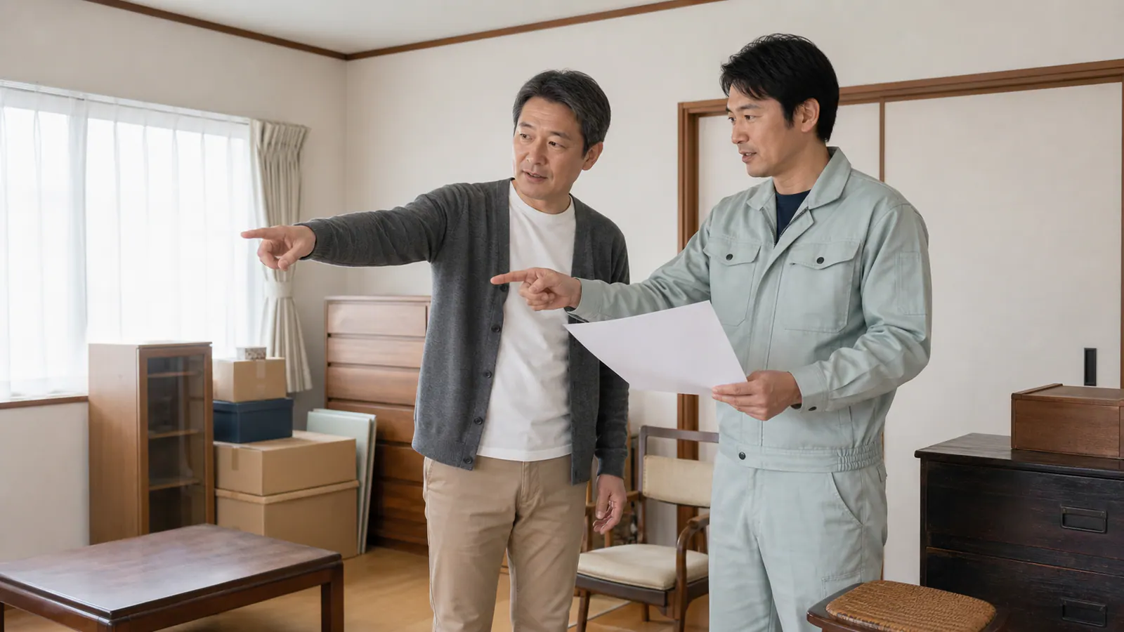 遺品整理の作業開始前に家族と担当者が室内を確認する様子