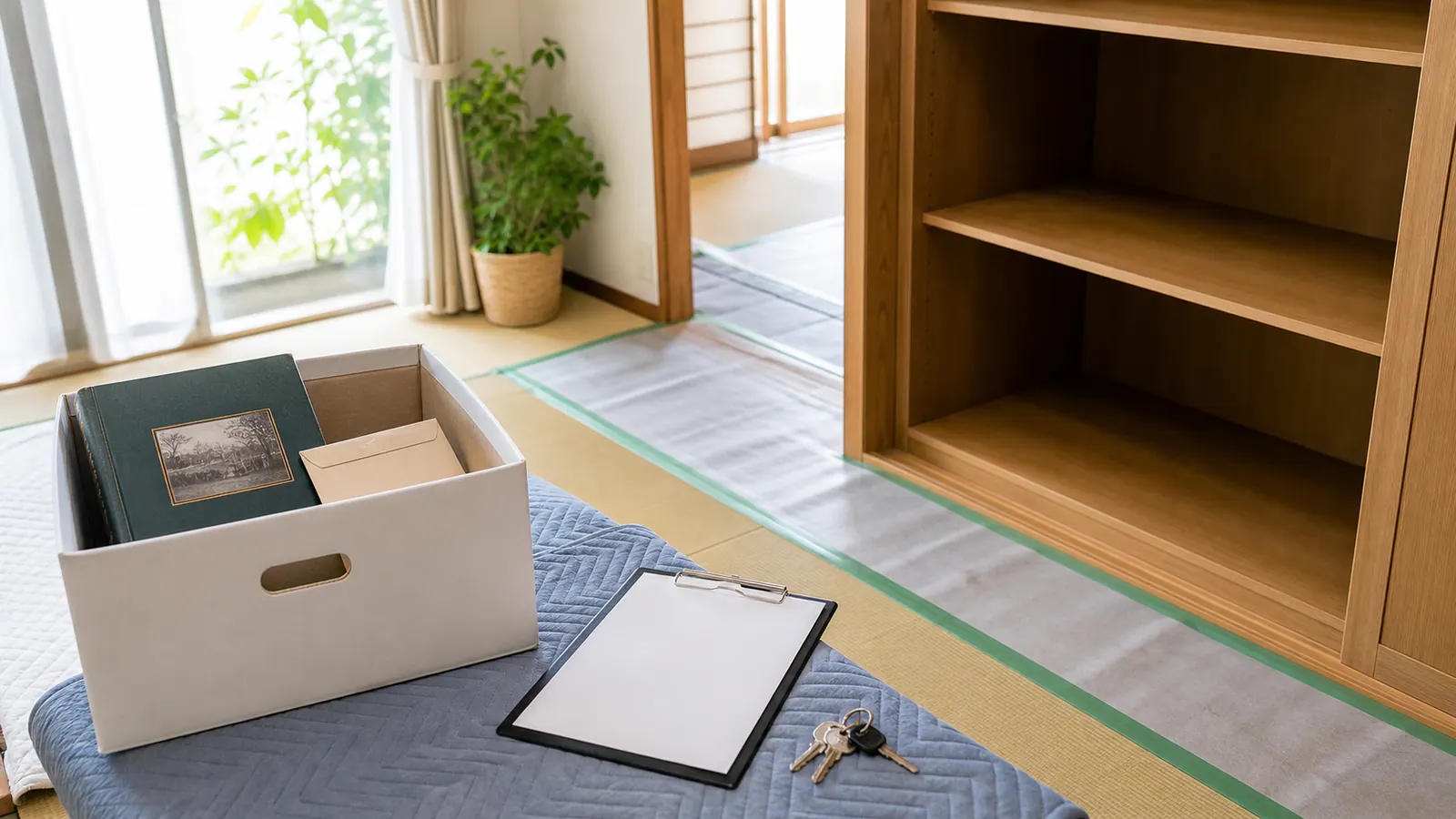 床を養生し、保留箱、記録用紙、鍵を分けた遺品整理作業中の室内
