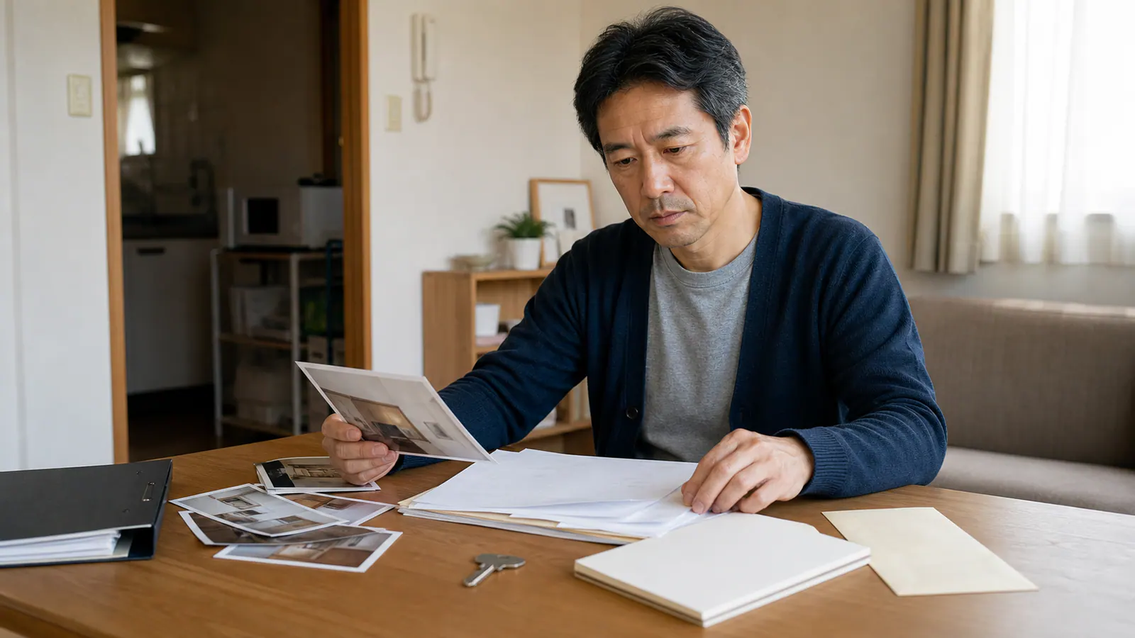 家財写真と無地の書類、鍵を机に広げて確認する男性