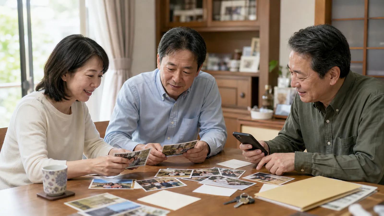 実家の食卓で家族写真とスマートフォンを囲む兄弟姉妹