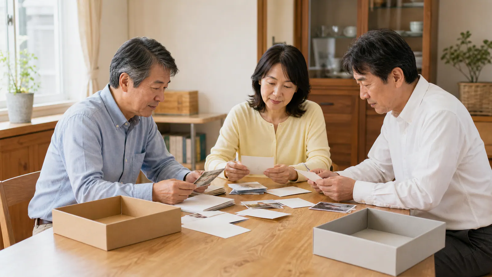 品物写真とメモを見ながら相談する三人の家族
