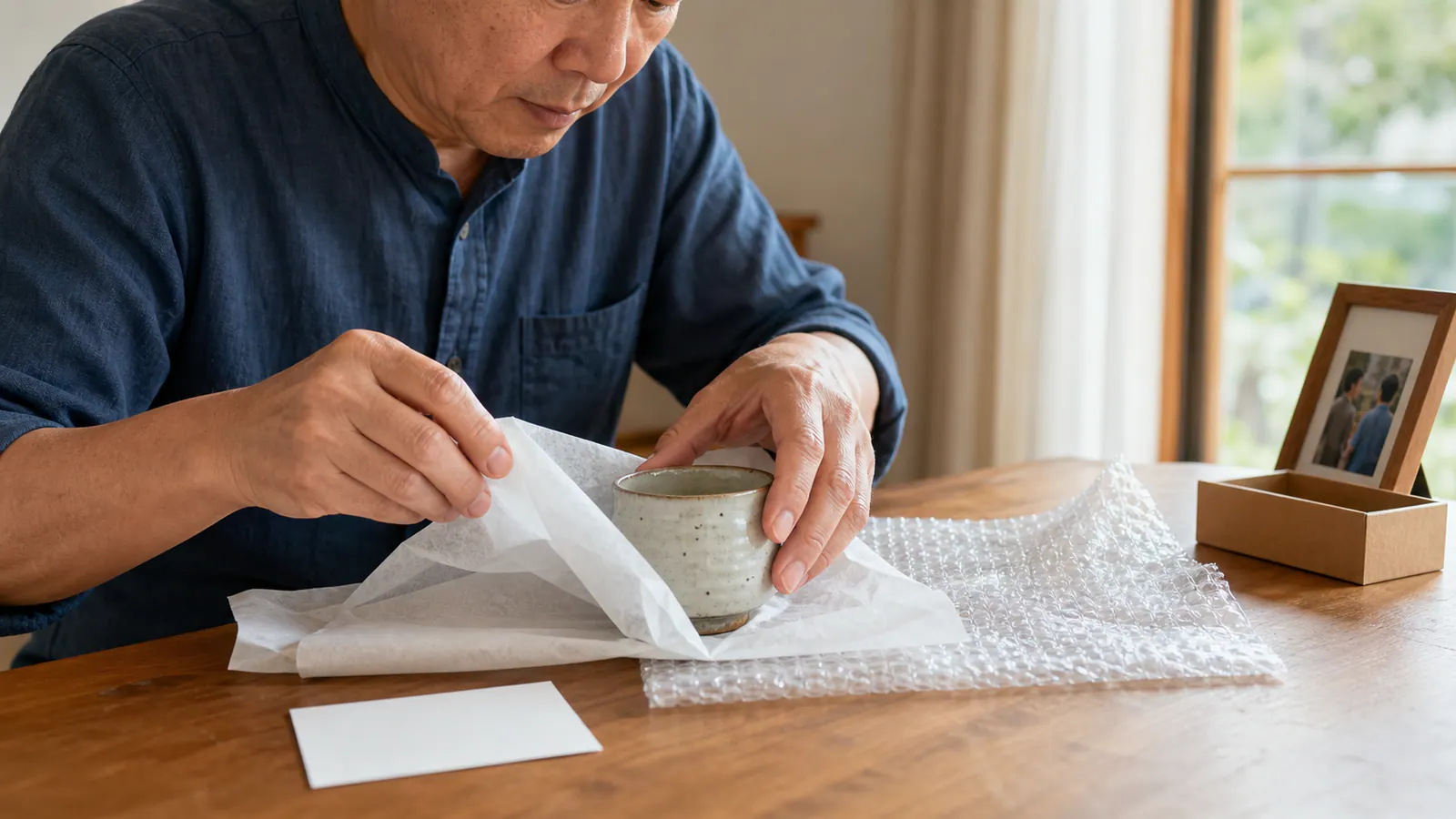 湯のみを薄紙と緩衝材で丁寧に包む男性
