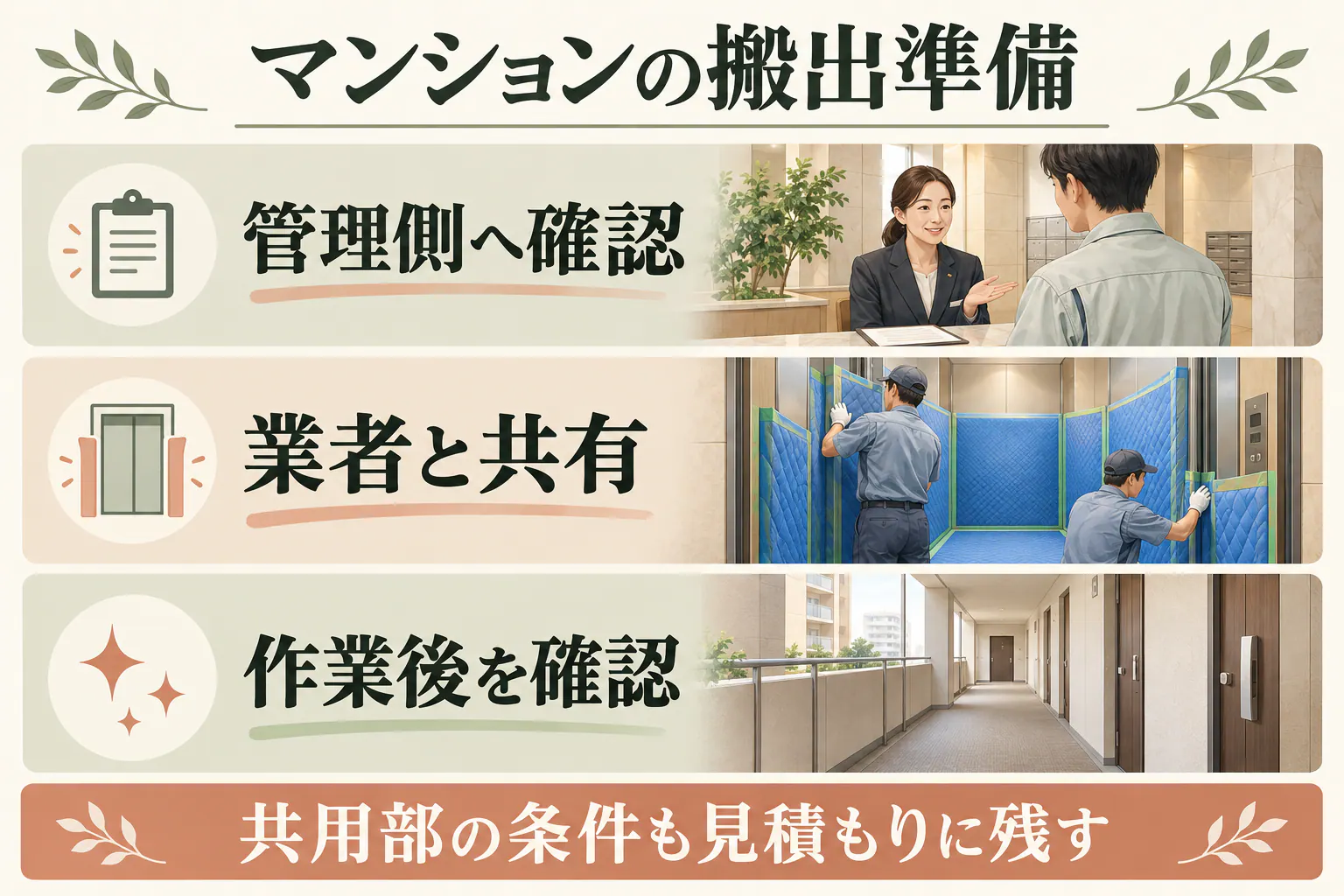 マンションの搬出準備。管理側へ確認、業者と共有、作業後を確認