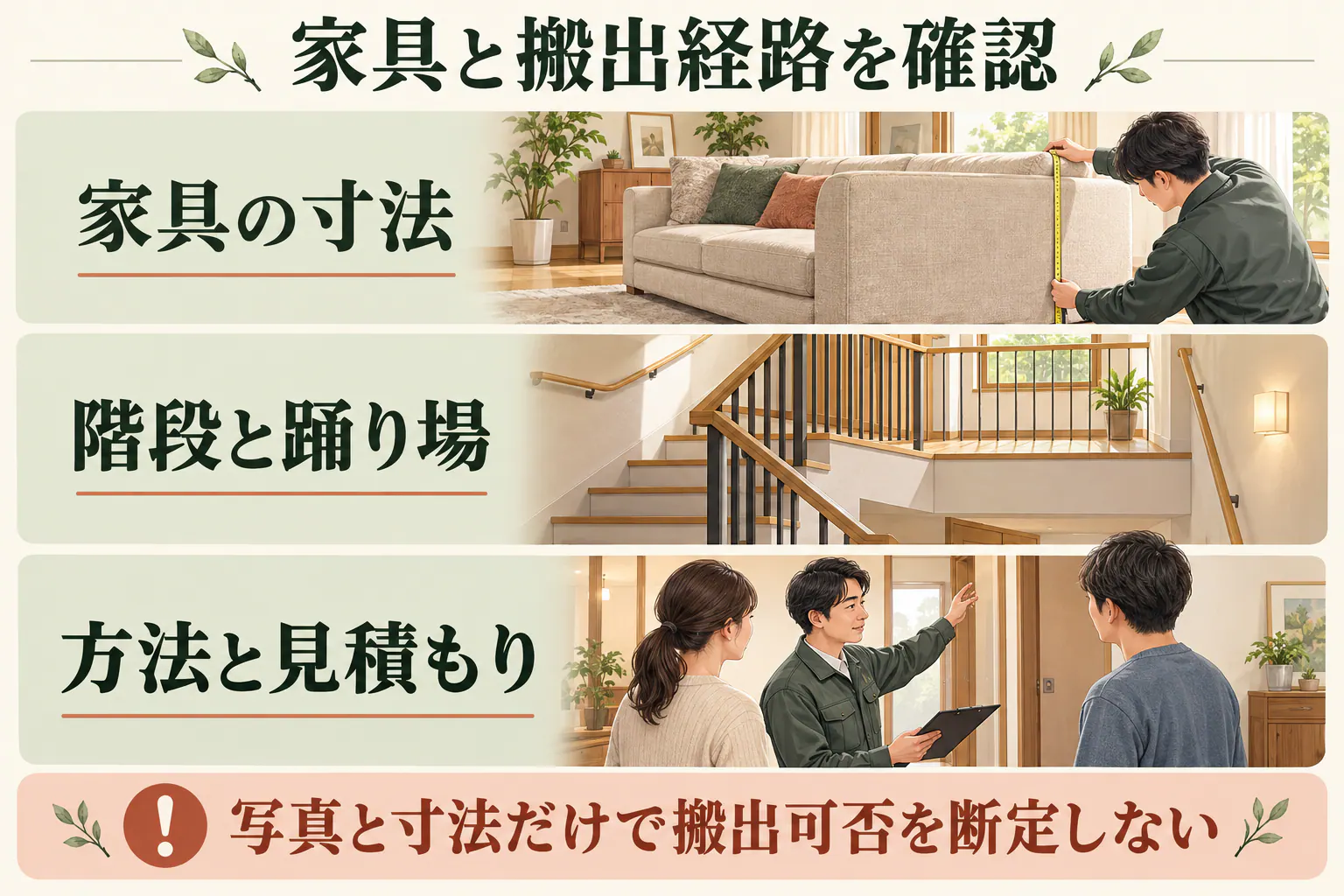 家具と搬出経路を確認。家具の寸法、階段と踊り場、方法と見積もり