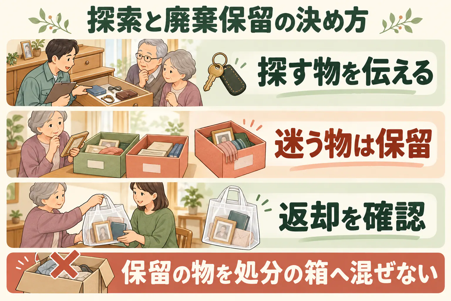 探索と廃棄保留の決め方。探す物を伝える、迷う物は保留、返却を確認
