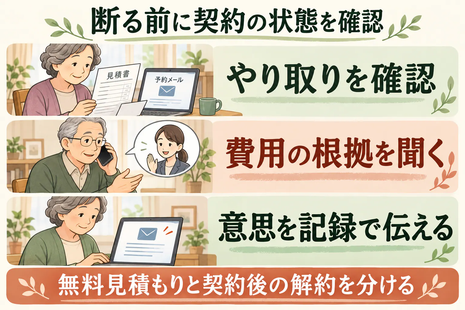 断る前に契約の状態を確認。やり取りを確認、費用の根拠を聞く、意思を記録で伝える