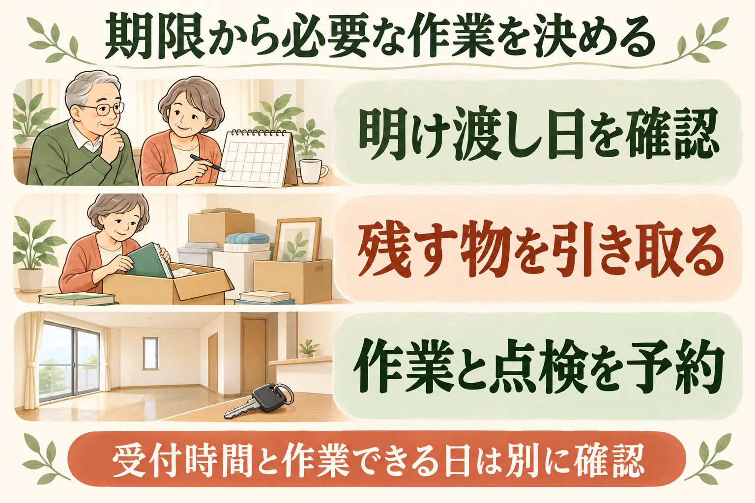 期限から必要な作業を決める。明け渡し日を確認、残す物を引き取る、作業と点検を予約