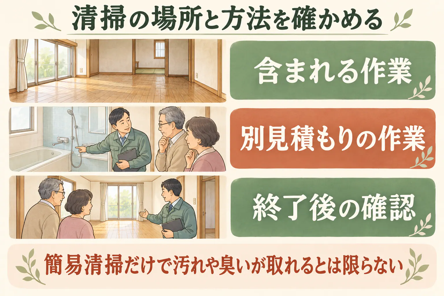 清掃の場所と方法を確かめる。含まれる作業、別見積もりの作業、終了後の確認
