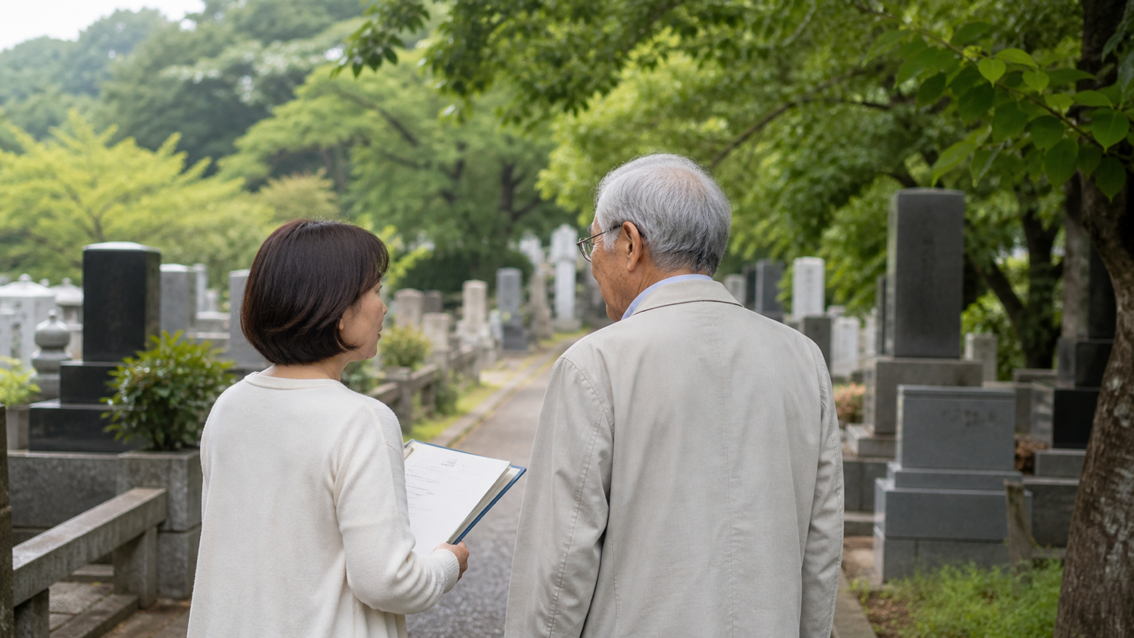 緑の多い墓地で書類を見ながら話す父親と娘