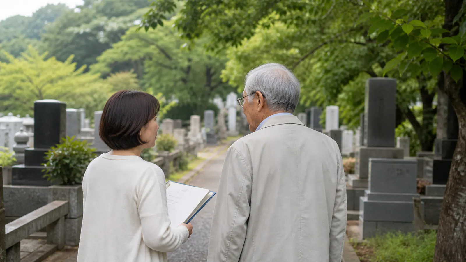 緑の多い墓地で書類を見ながら話す父親と娘