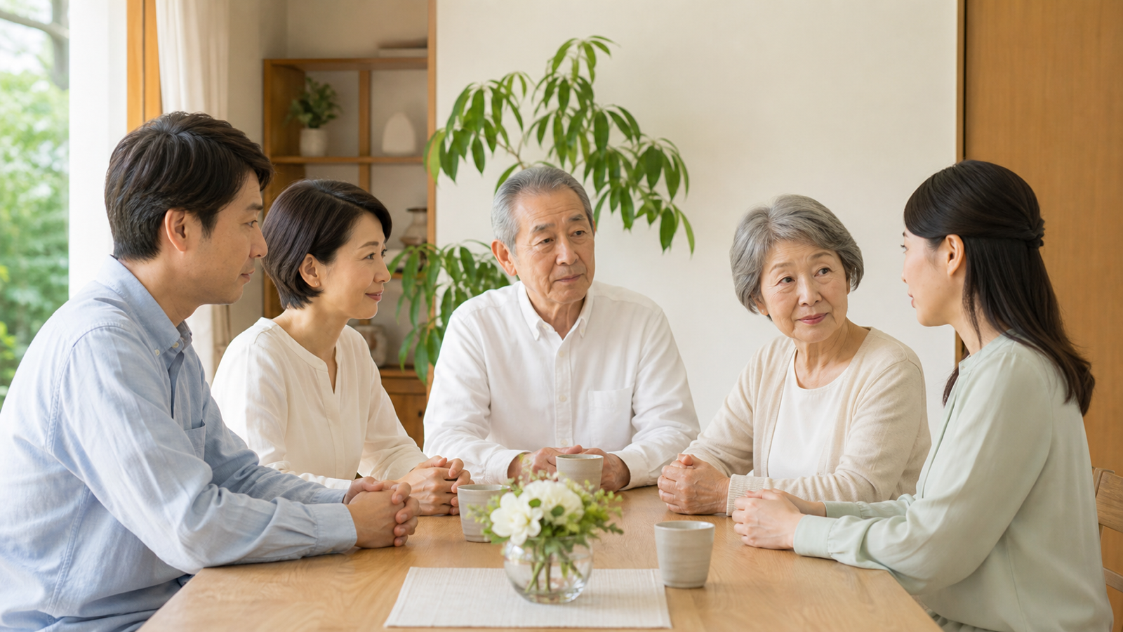 食卓でお墓のこれからを穏やかに話し合う三世代の家族