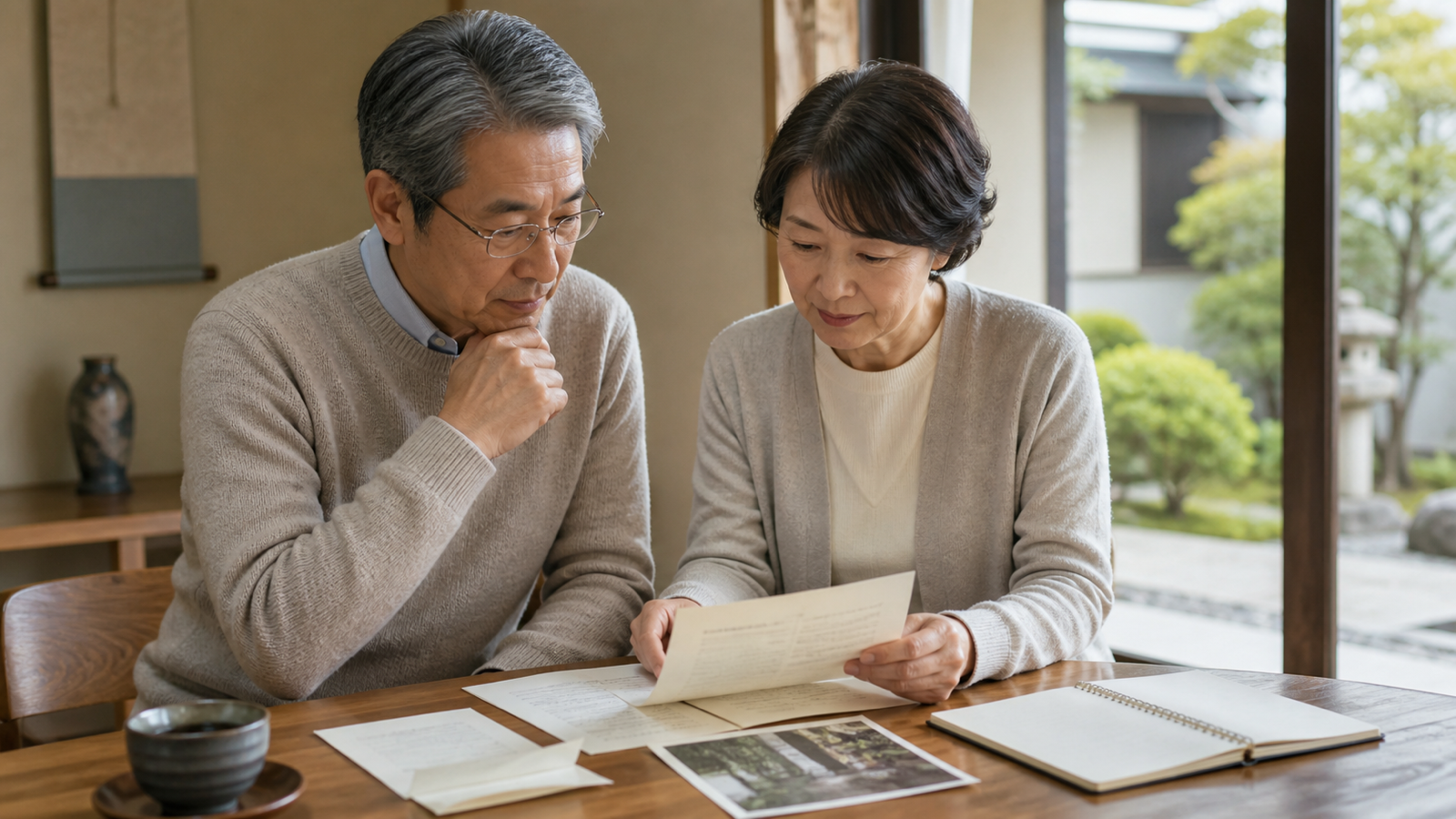 寺院へ相談する前に墓地の現状、家族の希望、次の供養先候補を夫婦でメモする様子