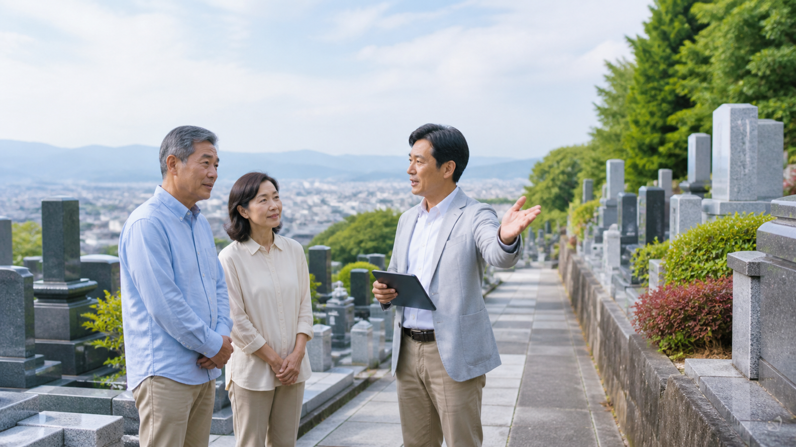 墓石工事の現地見積もりで担当者の説明を聞く家族
