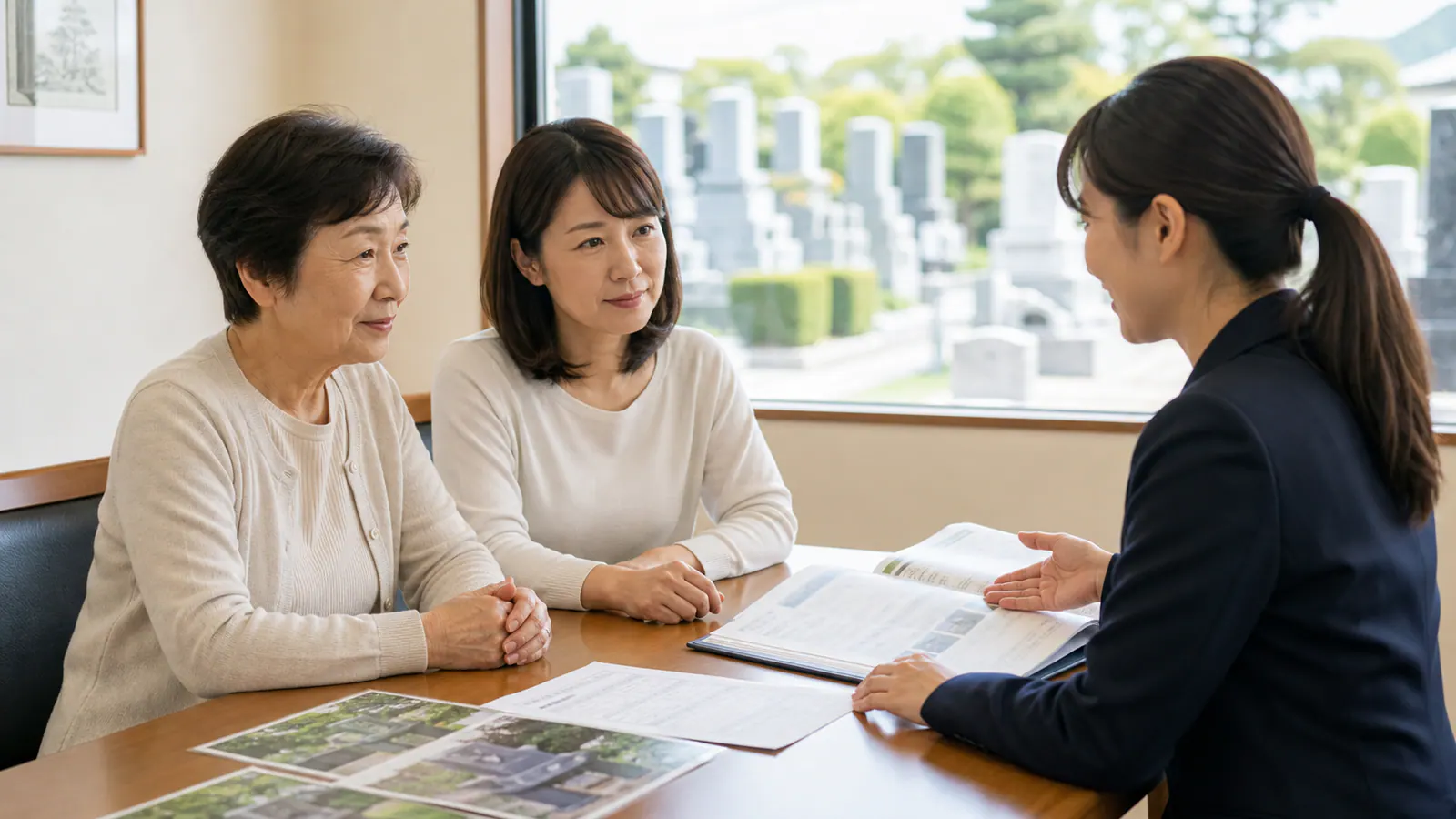 霊園管理事務所で墓地規則と墓じまいの見積書を確認する家族