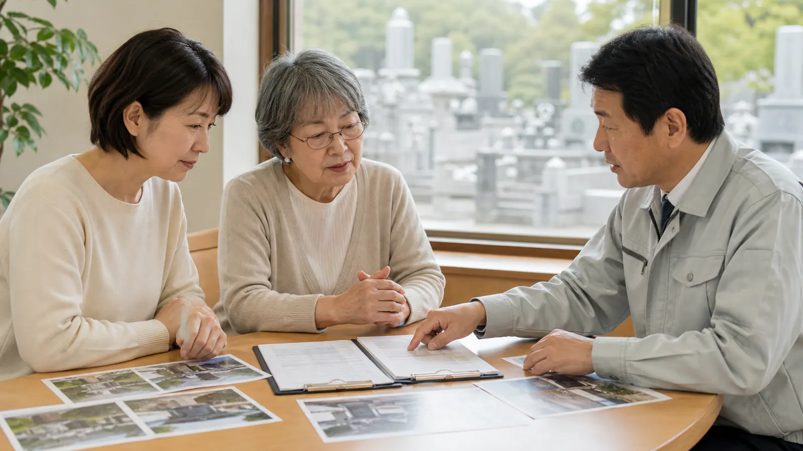 墓所写真と二つの墓じまい見積書を並べて差額を確認する家族
