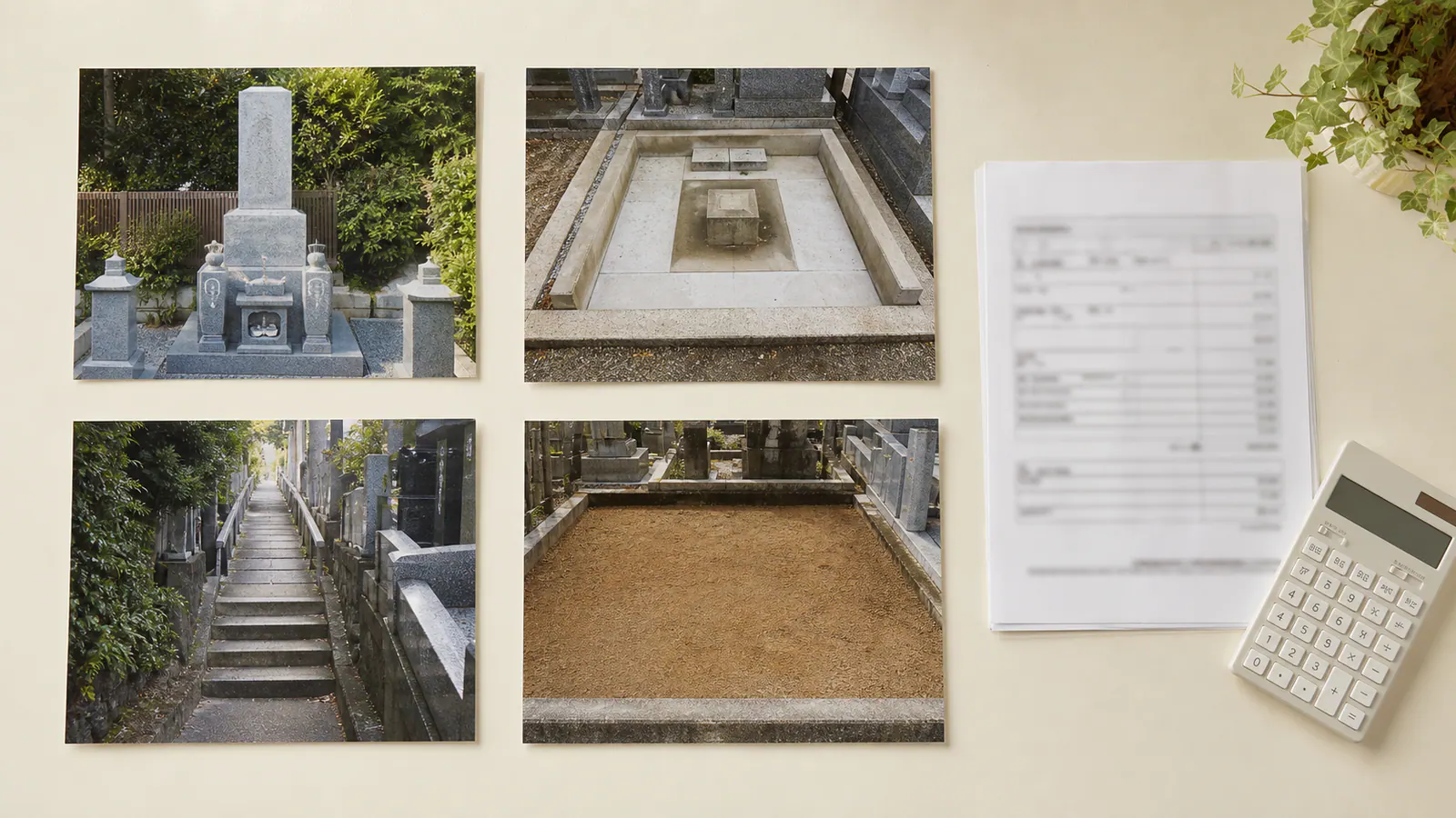 墓石、基礎、搬出経路、整地の写真と見積書を並べて確認する机