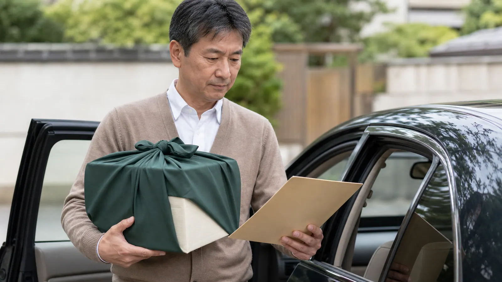 布で包んだ骨壺用の箱と書類ファイルを車へ運ぶ前に確認する家族