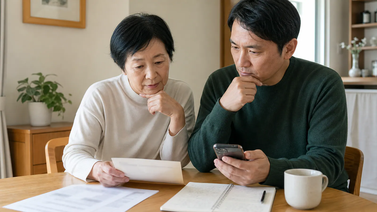 離檀料の請求書と通話記録を家族で落ち着いて整理する場面