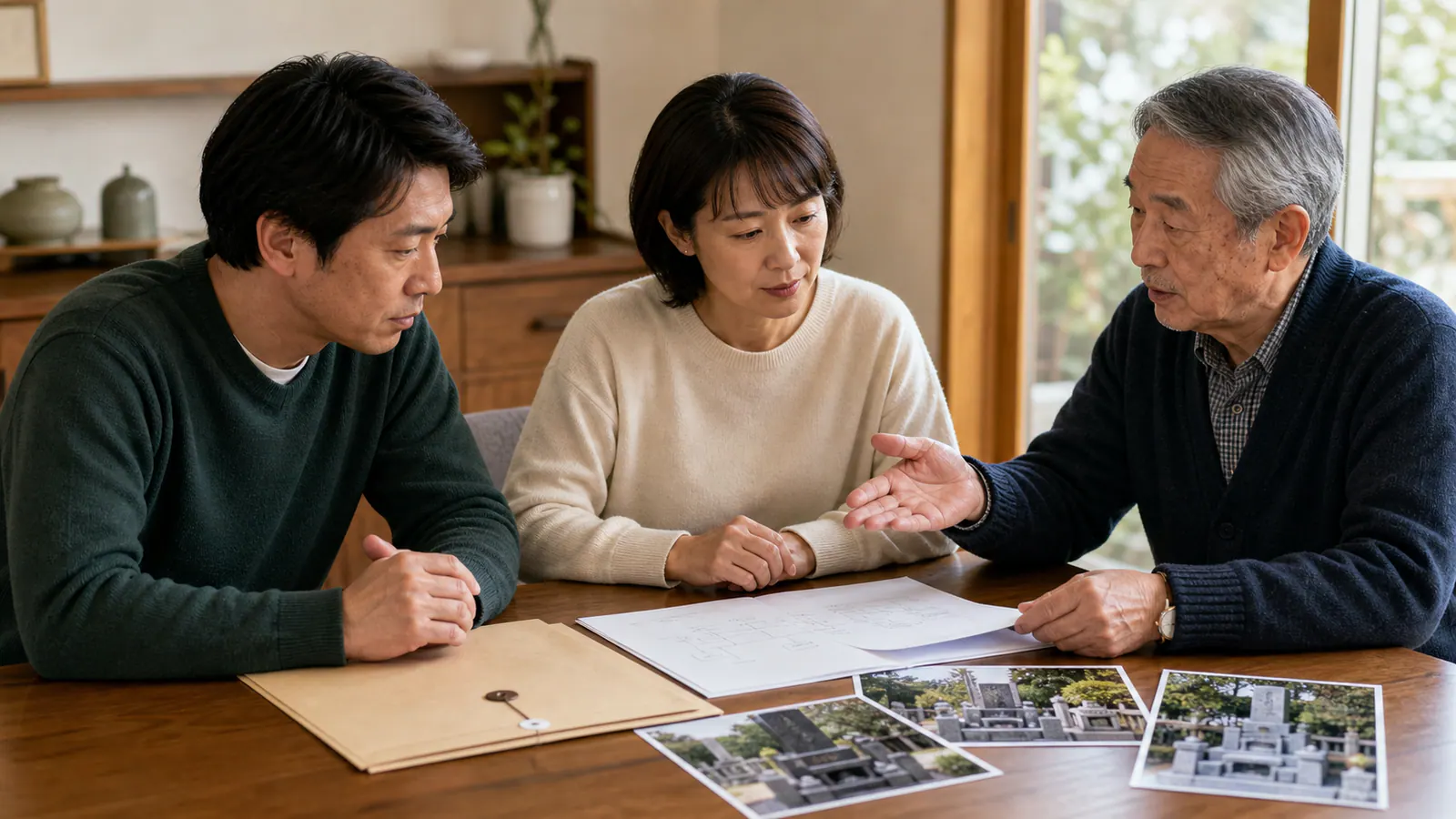 墓所使用許可証や戸籍関係書類と墓所写真を囲んで話す家族