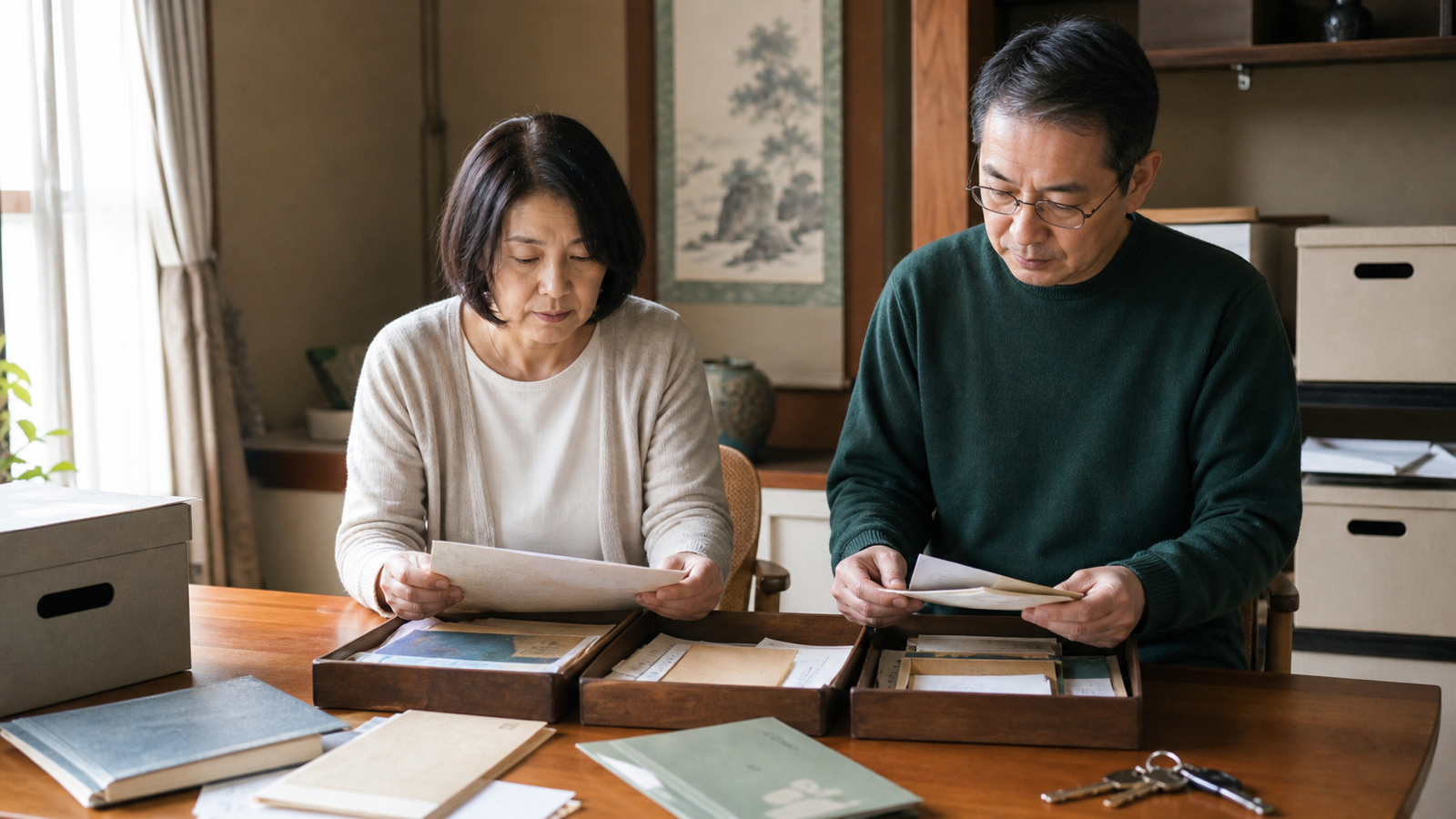 相続した実家で家の書類を分類する姉と弟