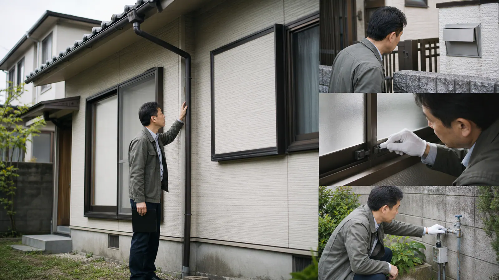 空き家の外壁、雨どい、郵便受け、窓、止水栓を順番に確認する家族
