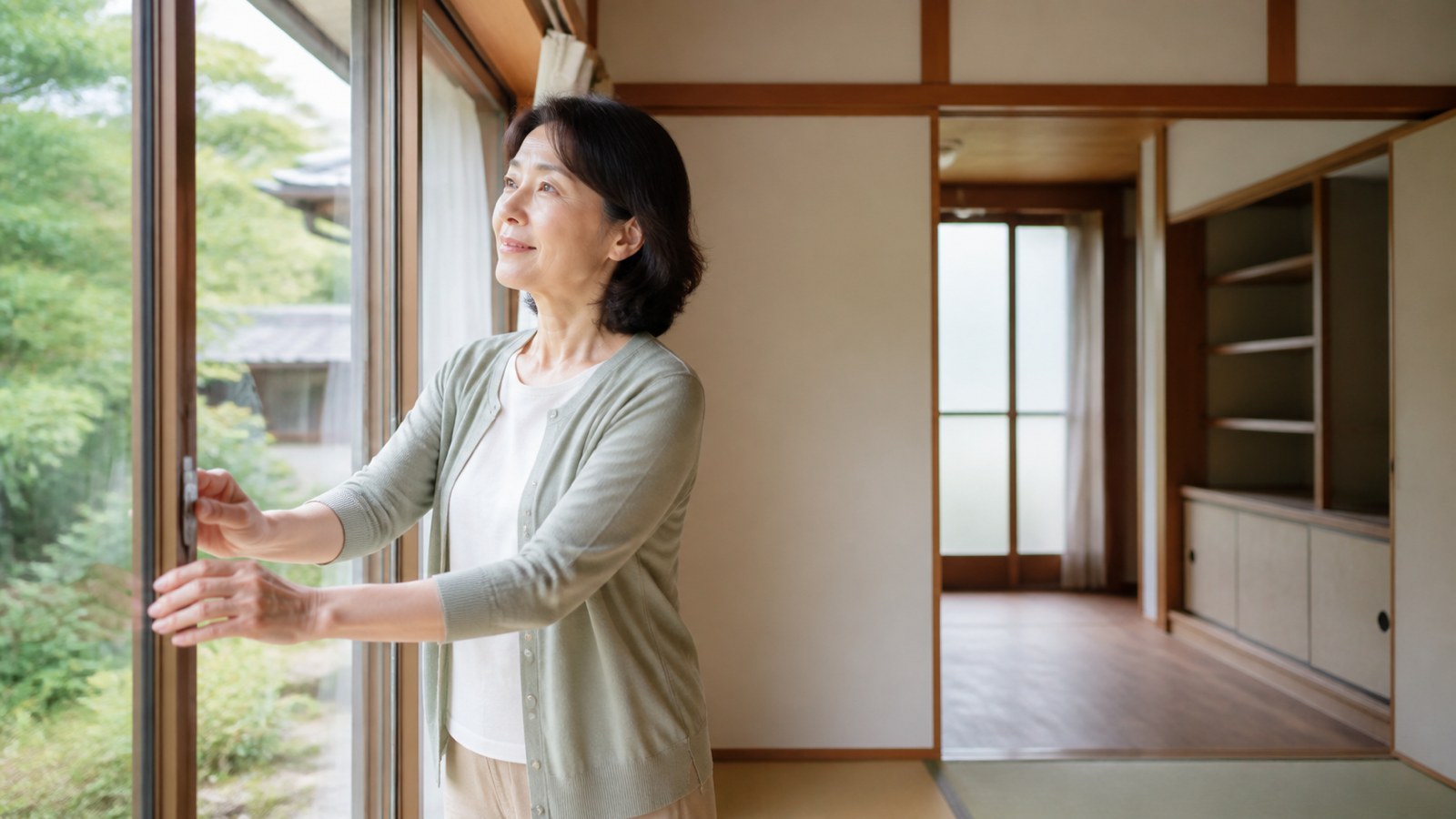空き家になった実家の窓を開けて点検する家族