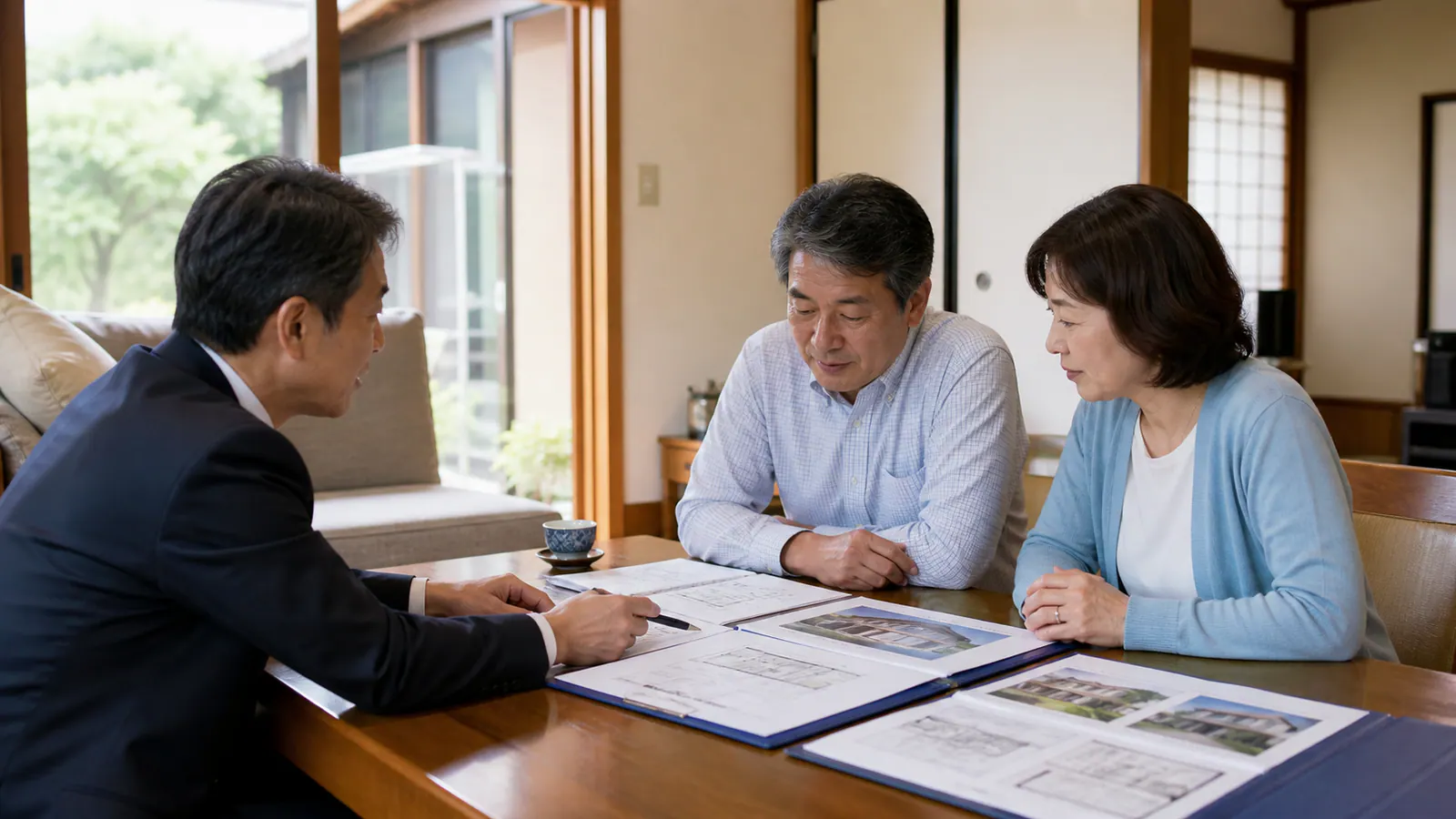 相続した実家について複数の不動産査定資料を比較するきょうだい