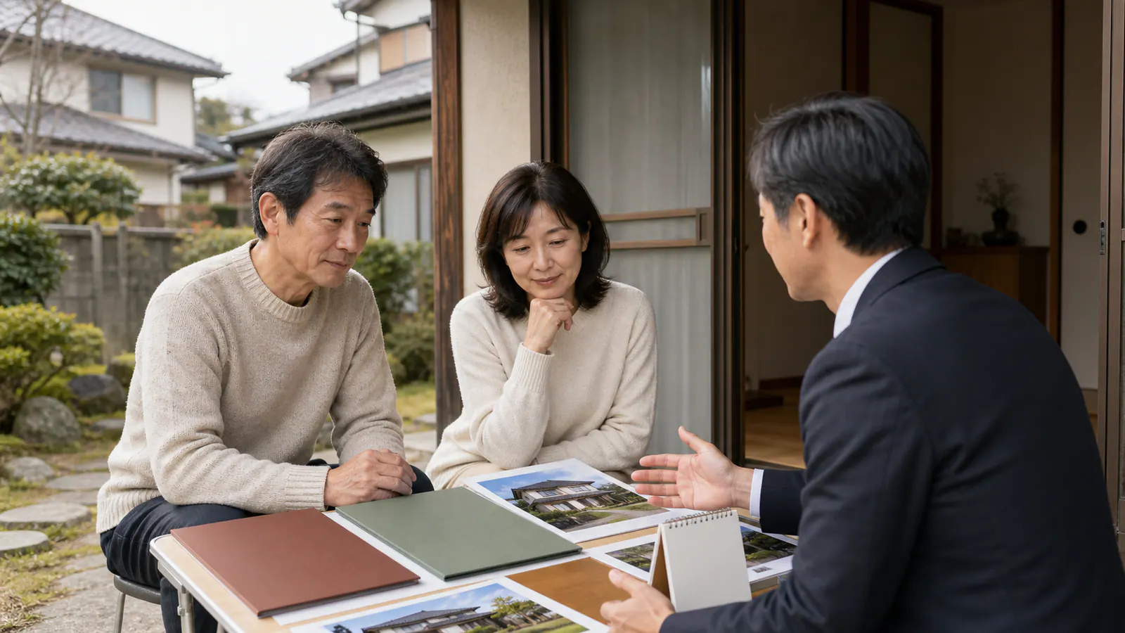 相続した実家の前で仲介と買取の資料を家族と不動産担当者が比べる場面