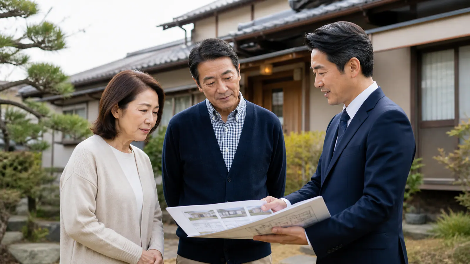 古い実家を残して売る案と解体して売る案を比較する家族
